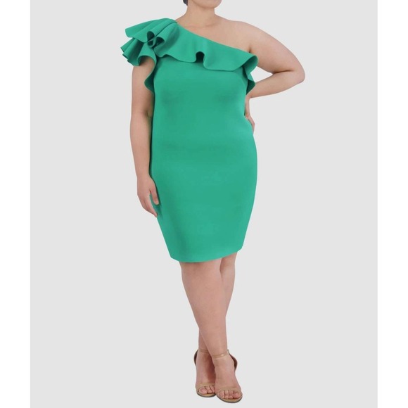 Eliza J Womens Dress 20W One Shoulder Ruffle Party Cocktail Emerald Green - Picture 1 of 10